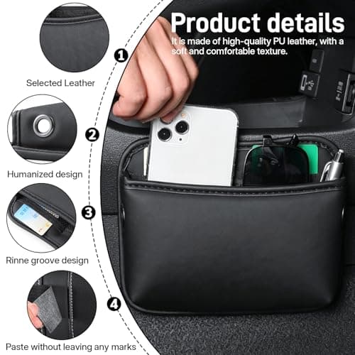 GWBPES 2PCS Car Seat Side Pocket Organizer, PU Leather Car Organiser Black Cars Pocket Pouch Universal Front Seat Console Storage Bag for Phone Keys Cards Coins Interior Accessories — view 3