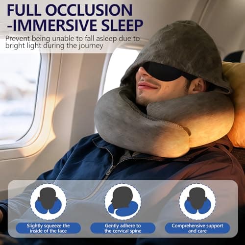 Vutlace Travel Pillow with Hood, 360° Memory Foam Neck Pillow Set, Orthopedic Pillow, Travel Essentials for Flying, Kit with 3D Contoured Sleep Mask, Head & Neck Relief, Earplugs and Mesh Bag (Grey) — view 3