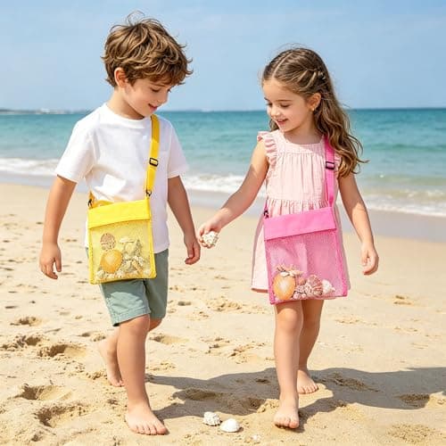 QIWEIQING 5-Pack Colorful Mesh Beach Bags, Mesh Beach Bags for Toys Sand Away Tote with Zipper for Child Swim Pool Travel Sandy Shoes Wet Towels. Yellow, Rose Red, Purple, Green, Blue(5-Pack) — view 2