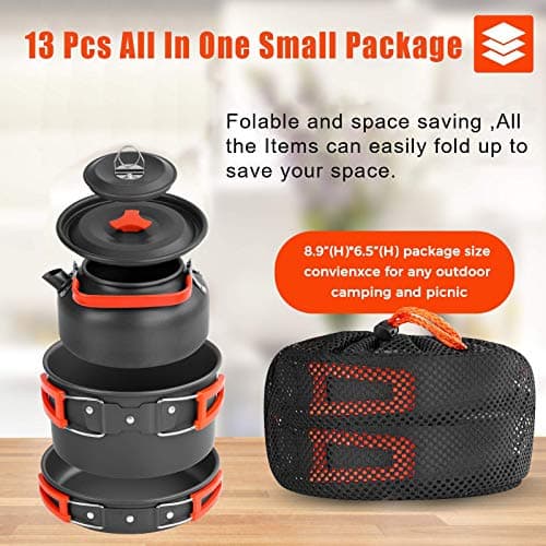 Camping Cookware Kit, Camping Cookware Set Outdoor Cooking Pot Pan Kettle Lightweight Camping Accessories Backpacking Hiking Gear for 2 to 3 People Picnic,Travel (Orange) — view 2