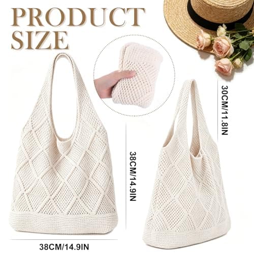 TIECHI Woven Beach Bag - Retro Hollow Crochet Tote Bag for Women, Summer Boho Mesh Beach Bags for Holiday Daily Work Shopping Travel (Beige) — view 4