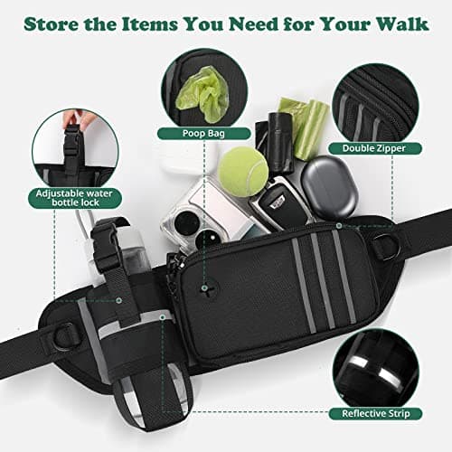 Hands Free Running Dog Lead with Waist Belt & Storage Bag, Shock Absorbing Bungee Lead with Double Handle, Waist Leash with Water Bottle Holder for Jogging Hiking Training — view 3