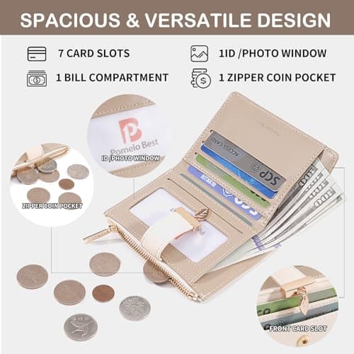 Pomelo Best Women's RFID Wallet - Vegan Leather Bi-fold Small Ladies Purse with Zipper Coin Pocket & ID Window - Leaf Charm Compact Wallet for Women (Beige) — view 2