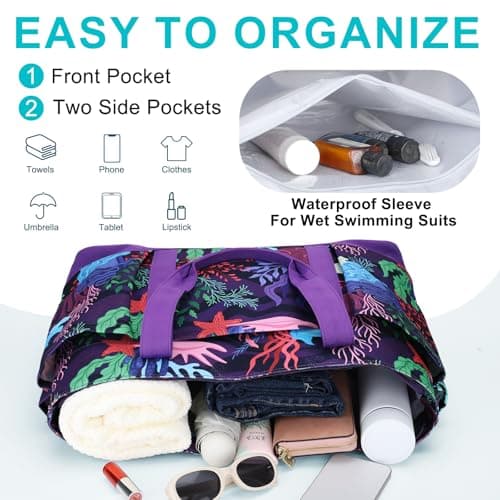 VASCHY Large Beach Bag with Zip, 30L Oversized Utility Travel Tote Bags for Women Waterproof Sandproof Summer Bag with Wet bag Foldable Handbag for Holiday Pool Gym Shopping Purple Coral — view 4