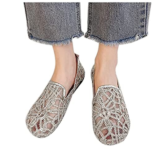 Mesh Ballet Flats for Women Pumps Orthopedic Sequins Dolly Shoes Wide Fit Round-Toe Non-Slip Breathable Summer Ladies Shoes Walking Office Holiday (Z01 Silver, 5) — view 5