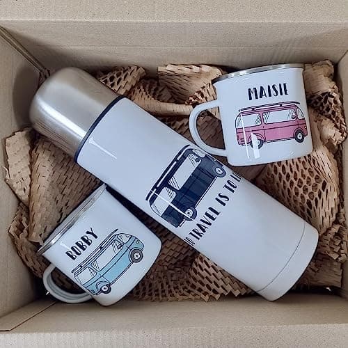 Personalised Campervan Enamel Mug Set - Travel & Adventure - Gift for Him or Her - Motorhome Mug Flask Set - Add Name and Text - Unique Custom Present — view 3