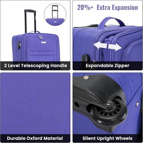 26" Medium Suitcase Super Lightweight Luggage 20% Expandable Combination Lock 2 Wheel Soft Shell Hold Check in Luggage for 15 to 20kg — view 4