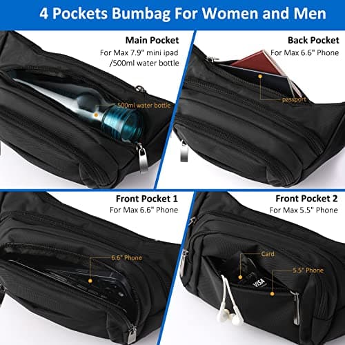 SUPHOSMT 4 Pockets BumBags with 35cm Extended Belt Large Capacity Black — view 4