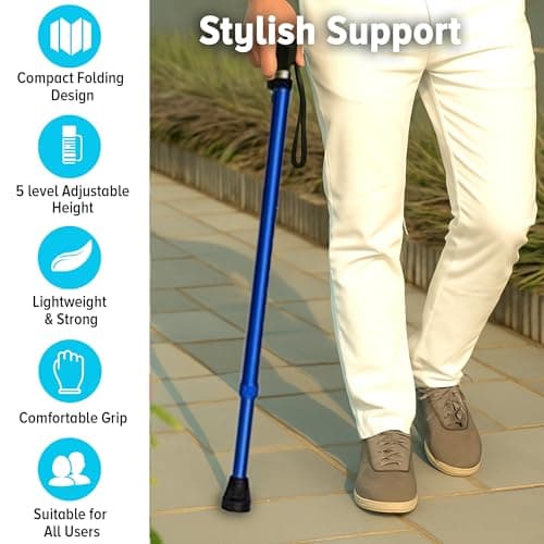 Life Healthcare Folding Walking Stick, Adjustable Aluminium Cane, Blue — view 4