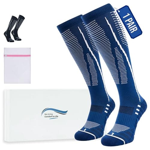 360 RELIEF 1 Pair Compression Socks for Women & Men - 15-20 mmHg, Enhanced Cushioned Fit, Soft & Breathable for Sports, Travel, Running, Pregnancy, M/L, Navy Blue + Laundry Bag