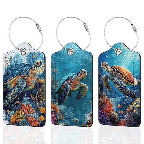 3 Pcs Luggage Tags for Suitcase,Ocean Turtle Coral Leather Bag Tags Identifiers Privacy Cover ID Label with Durable Steel Loop for Women Men Kids Girls Travel