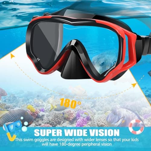 HIKOTEY Children's Snorkel Set,Panoramic Wide View Diving Mask,Snorkeling Gear Anti-Leak and Anti-Fog Tempered Glass Lens,Dry Snorkel Tube,Includes Earplugs and Nose Clip for Age 4-16 Years(Red+Black) — view 3