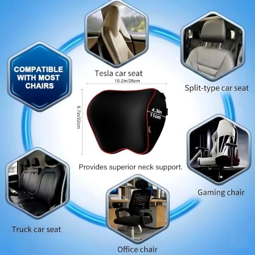 Crofy 2 Pack Car Neck Pillow, Softness Car Headrest Pillow for Driving with Adjustable Strap, 100% Memory Foam and Breathable Removable Cover, Comfortable Ergonomic Design, Black & Red — view 3