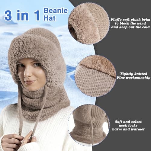 Ashloter 3 in 1 Beanie Hat for Women, 3in1 Thermal Winter Balaclava Knitted Hood with Scarf and Face Mask, Windproof Warm for Outdoor Skiing Hiking Running Skiing Cycling Ladis Men (Khaki) — view 4
