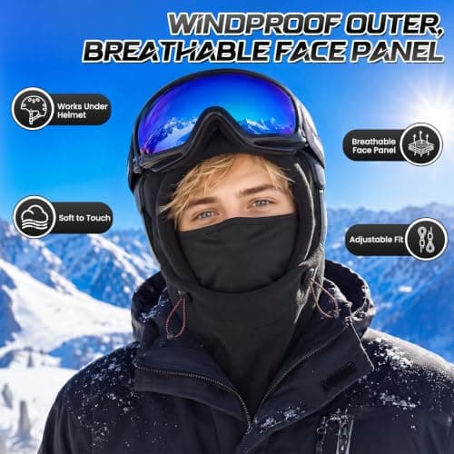 Beehow Balaclava Ski Mask for Men, Fleece Thermal Winter Face Cover Black — view 3