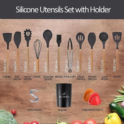 22 Pcs Black Silicon Kitchen Utensils Set with Holder-BPA Free Silicone Cooking Utensils Set for Non-Stick Pans-Heat Resistant Wooden Handle Silicone Spatulas for Cooking, Used as Camping Utensils Set — view 2