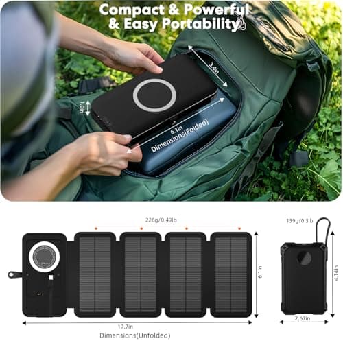 YELOMIN Solar Charger Power Bank 5000mAh with 4 Foldable Panels & 2 Built-in Cables, Wireless Portable Charger, Outdoor External Battery Pack with USB-C in/Output & SOS Flashlight for Camping Hiking — view 5