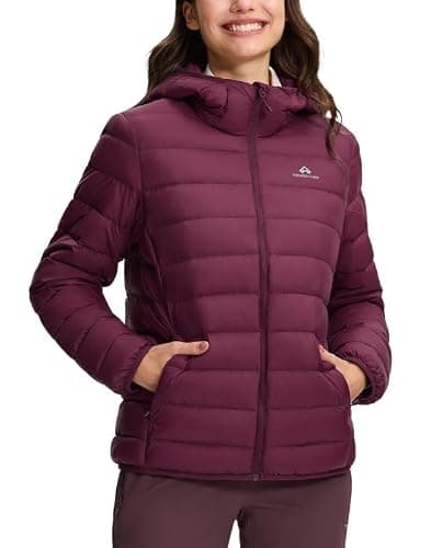 Pioneer Camp Women's Down Jacket, Lightweight Packable Insulation, Transition Jacket, Quilted Jacket with Hood and Zip Pockets, Winter Jacket for Hiking, Travel, maroon banner, M