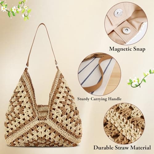 Bototack Straw Beach Bag For Women, Large Straw Bags Weave Handmade Handle Tote Bag, Bohemian Summer Straw Shoulder Bag Handbags for Travel Holiday Shopping (Light Brown) — view 5