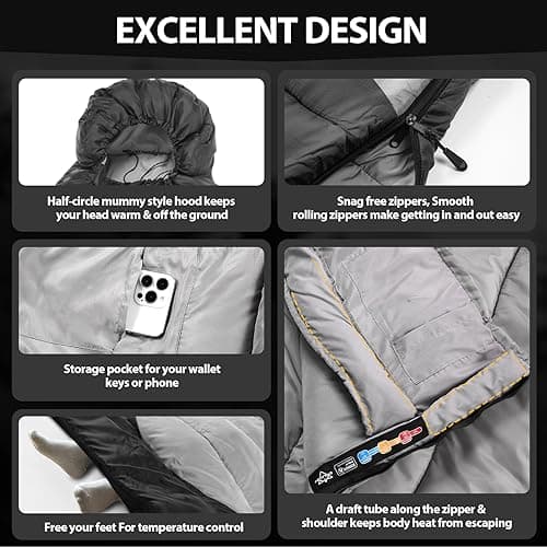 ETGLCOZY Lightweight 3-Season Sleeping Bag for Adults/Kids Camping, Compact w/Compression Sack, Waterproof Ripstop, Portable for Backpacking Hiking Travel, 0-10°C, Black/Grey — view 6