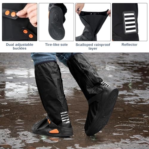 Habwea Waterproof Shoe Covers for Men Women Overshoes Non -Slip PVC Rain Boots Shoes Covers with Zipper Reflector Reusable for Rain Mud Snow Outdoor Sports Hiking Climbing Camping Travel,Black XL — view 3
