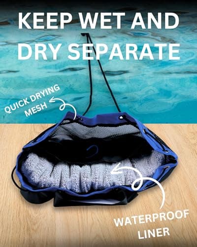 JIMJOOS Drawstring Mesh Swimming Bag - 25L Waterproof Swim Bag with Wet/Dry Compartment, Multifunctional Sports Backpack for Kids, Adults, Swimming, Surfing, Beach, Gym (Navy Blue) — view 2