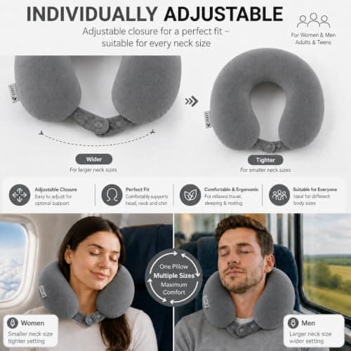 Egret Memory Foam Travel Neck Pillow, 360° Head, Neck & Chin Support, 2-Level Adjustable Neck Pillow for Travel with Removable Washable Cover, for Long Flights (Grey) — view 5