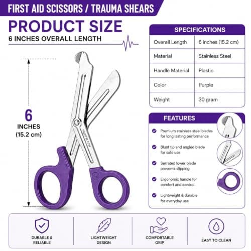 First Aid Scissors, Bandage Tough Cut Tuff-Cut Trauma Medical Shears for Nurses, Paramedics Doctors Students Theatre Hospitals, Veterinary, Firefighter, Rescue, Home and DIY (Purple, 6 Inches) — view 2
