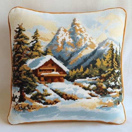 ASONGLINGO Latch Hook Kits for Beginners Winter Cabin Cushion Craft Kits Crochet Pre Printed Canvas Wool Yarn Hobbies DIY Latch Hook Pillow Kit 43x43cm