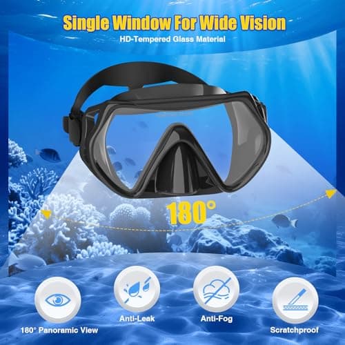 MELUMILU Snorkel Set, Snorkel Mask 180° Panoramic Wide View, Anti-Fog Scuba Diving Gear, Professional Swim Goggles for Free Breathing, Swim, Diving, (Black) — view 2