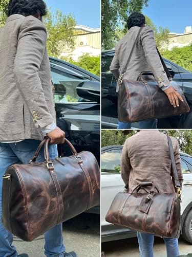 Leather Holdall Bags for Men - Travel Overnight Duffle - Weekend Carry On Suitcase - Underseat Flight Cabin Duffel Bag, Mulberry — view 6