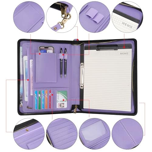 Wason A4 Portfolio with Zipper - Leather PU Padfolio with Detachable Ring Binder and Writing Notepad Holder, Conference File Multi-Pockets Organizer for Office Travel School (Purple) — view 3