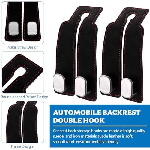 ANBEEISS 4 Pcs Leather Car Seat Back Double Hooks Organiser, Black — view 3
