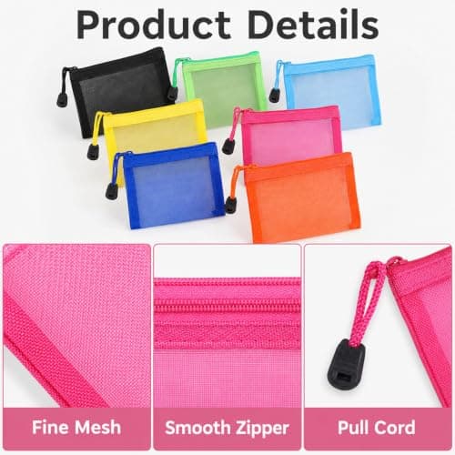 HOQBFSN 7 Pack Colorful Mesh Zipper Pouches, Small Transparent Makeup Coin Bags, Lightweight Travel Toiletry Accessory Storage Pouch — view 3