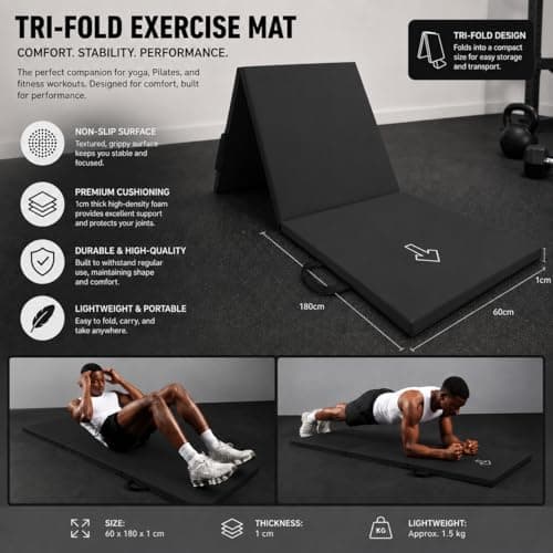 NORTHERN Yoga Mat Exercise Fitness, Tri-Fold Foam Mat, Extra Thick Non-Slip Large Padded Stretching Home Gym Equipment Accessory, 3-Folding Multi-Purpose Workout Mat with Carrying Handle — view 3