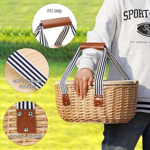 STBoo Picnic Basket for 2, Wicker Basket Set with Table and Cutlery(Stripe) — view 6