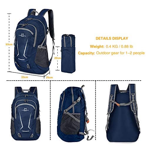 Loocower 45L Lightweight Foldable Backpack Walking Rucksack Hiking Daypack Packable Camping Travel Outdoor Sport Knapsack for Men Women - Blue — view 2