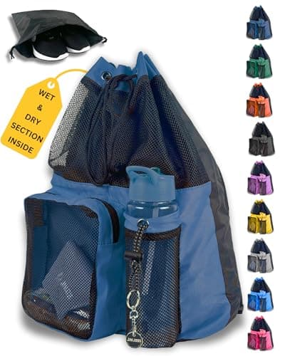 JIMJOOS Drawstring Mesh Swimming Bag - 25L Waterproof Swim Bag with Wet/Dry Compartment, Multifunctional Sports Backpack for Kids, Adults, Swimming, Surfing, Beach, Gym (Navy Blue)