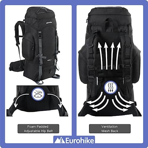 Eurohike Nepal 65 Litre Rucksack with Ventilated Back Panel & Padded Harness, 65L Backpack, Bag for Men & Women, Adjustable, Lightweight, Camping, Hiking, Trekking, Travelling, Outdoors, Black — view 5