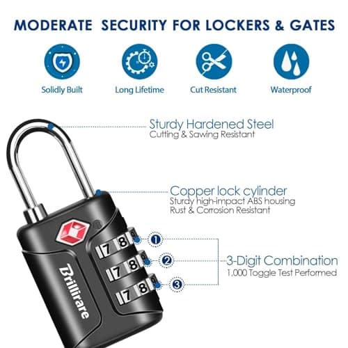 Brillirare 4 Pack TSA Approved Luggage Locks, Combination Travel Padlock, 3-Digit Waterproof Lock, TSA Accepted Outdoor Keyless Resettable Lock for Lockers, Bags, Backpack, Gym, Gate-Black — view 5