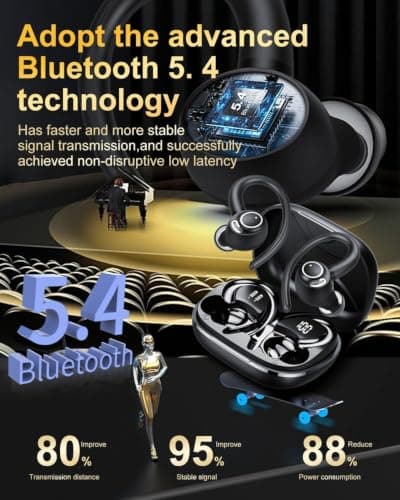 Sports Wireless Earbuds with EarHooks HiFi Stereo Sound with ENC Mic, Black — view 3