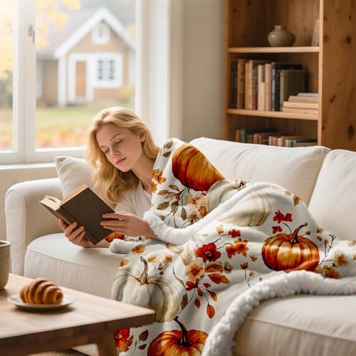 Lanpn Fall Pumpkin Flannel Throw Blanket, 460GSM Soft Warm Sherpa Fleece Throws, Orange Pumpkins Leaves Blanket for Couch Bed, Cozy Autumn Throw Blankets Farmhouse Thanksgiving Home Decor, 130x150 — view 4