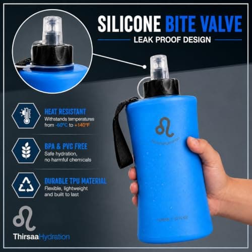 Thirsaa Collapsible 1L Soft Flask Water Bottle, BPA FREE Hydration Bottle with Roll Up Design for Running, Hiking, Cycling or Travelling (2, Blue&Charcoal) — view 2
