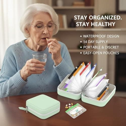 Waterproof Pill Pouch Set,Pill Organizer Binder with 14Color-Coded Removable Bags,Reusable Waterproof PillPouch,Portable Travel Medication Storage Pouch for Daily Use Holding Supplements &Vitamins — view 4
