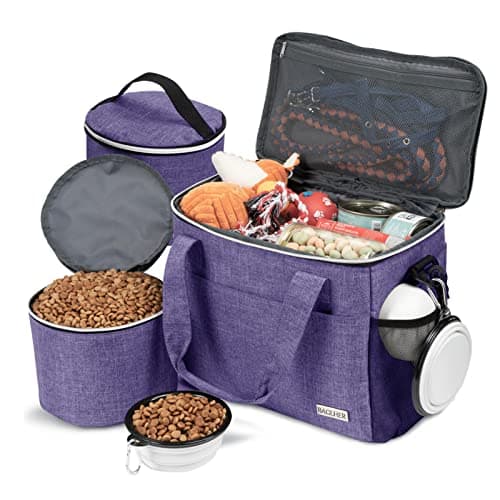 BAGLHER Dog Travel Bag Backpack Pet Supplies Backpack 5-Piece Set with Shoulder Strap 2 Lined Pet Food Containers 2 Foldable Feeding Bowls Essential Kit for Pet Travel