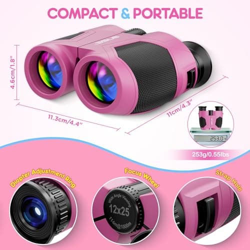 BNISE Kids Binoculars for Girls 10x25 Compact Camping Hiking Gift Pink — view 4