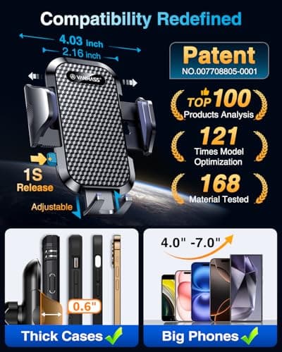 VANMASS Car Phone Holder 2026 BEST 【85+ lbs Strongest Suction & Vent Clip】 True Military-Grade Patent Universal Mobile Vehicle Mount Dashboard Windscreen Van Cradle for 17 Pro Max 16 15 14 Samsung — view 5