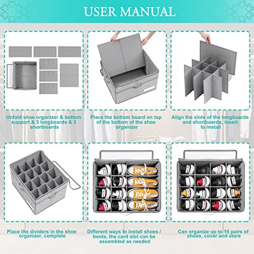 LUVHOMEE Shoe Organiser for Closet, Fits 16 Pairs, Large Shoe Box Storage Containers, Clear Foldable Shoe Storage Bins w/Bottom Support, Space Saving Shoes Holder w/Reinforced Handles, Grey — view 6