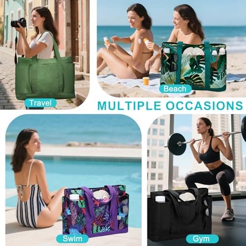 VASCHY Large Beach Bag with Zip, 30L Oversized Utility Travel Tote Bags for Women Waterproof Sandproof Summer Bag with Wet bag Foldable Handbag for Holiday Pool Gym Shopping Green Leaves — view 2