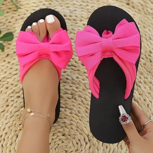Flower Flip Flops Women Beach Slippers Size 8 Boho Open Toe Slip on Flat Sandals Summer Comfortable Yoga Mat Thong Sandals for Pool, Travel Vacation Slippers Bow Hot Pink Footwear Gift — view 4